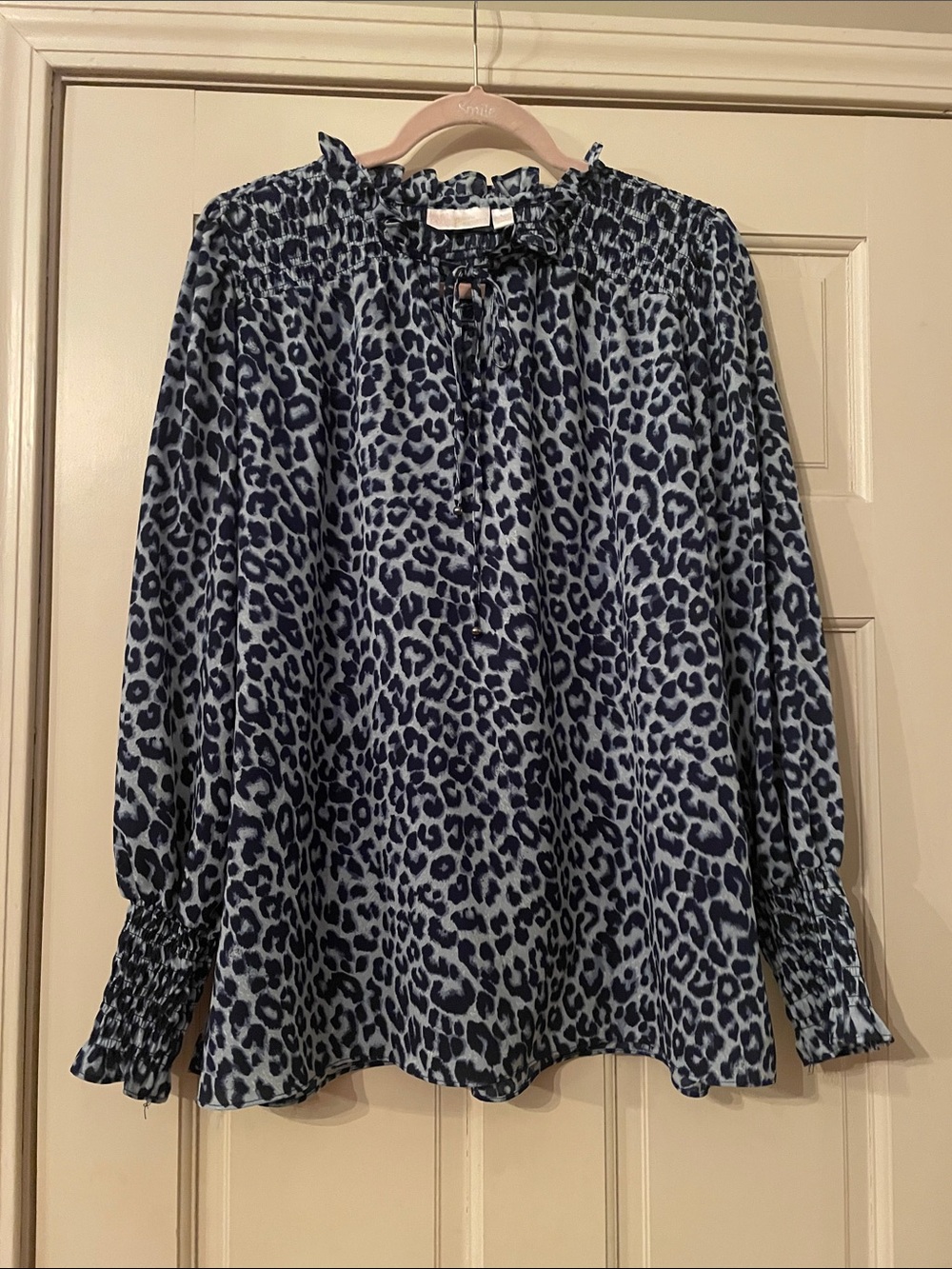 Belle by Kim Gravel —Blue and Navy Animal Print Blouse—Size Large